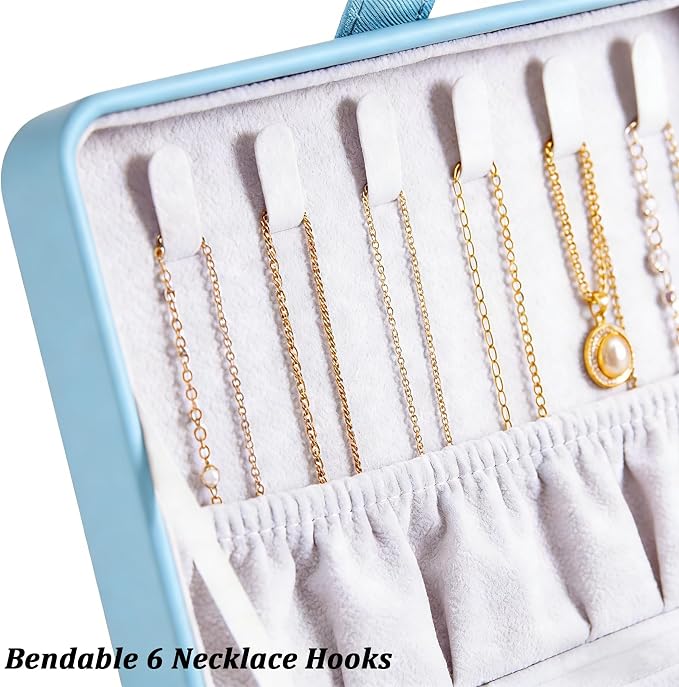 QBestry All-in-One Travel Jewelry Organizer for Women Blue | Small Jewelry Box with 68 Earring Holes | Compact Portable Jewelry Case for Earrings, Rings, Necklaces | Perfect Gifts for Mom Wife Girls - Image 3