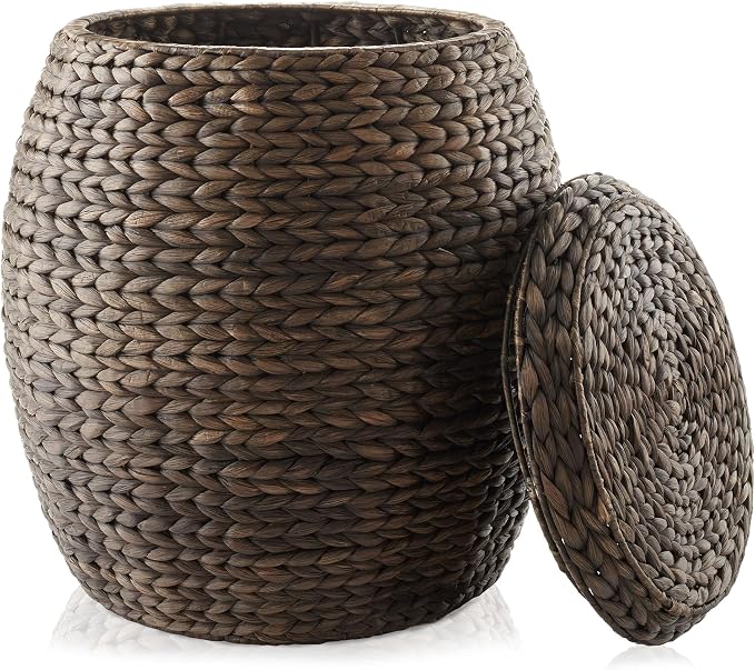 Casafield Round Storage Basket with Lid - Espresso, Handwoven Water Hyacinth Organizer for Laundry, Blankets, Plants, Bedroom, Living Room, Home Office by Casafield