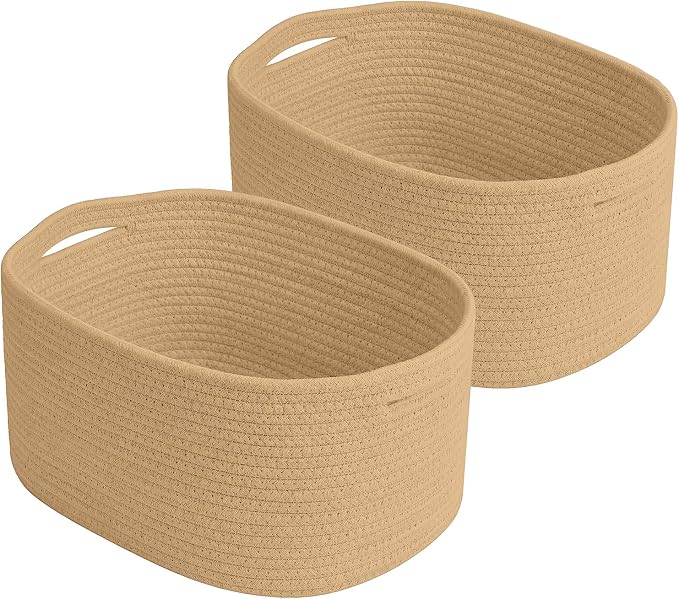 ECDYQXVU Cotton Rope Storage Basket, 15x10x9 Inches, Woven Basket for Shelves, Clothes, Towels, Books, and Laundry, Jute Brown (2 Pack) by ECDYQXVU