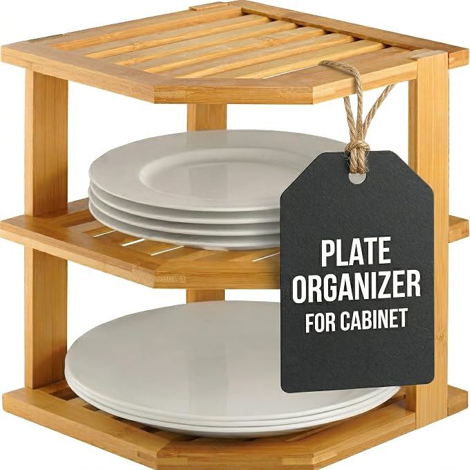 Plate Organizer for Cabinet - 3 Tier Bamboo Corner Shelf Cabinet Organizer for Plates, Bowls, Mugs and Pantry Storage, Space Saving Countertop and Cabinet Corner Shelf, 10 x 10 x 9.5 Inch, Bambusi by Bamb%C3%BCsi