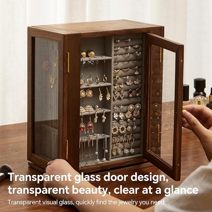Wooden Jewelry Box for Women, 360 Rotating Design,Large Jewelry Organizer with Velvet Lining, 5 Drawers, Transparent Glass Doors, Black Walnut Wood Grain, Jewelry Storage Organizer - Image 7
