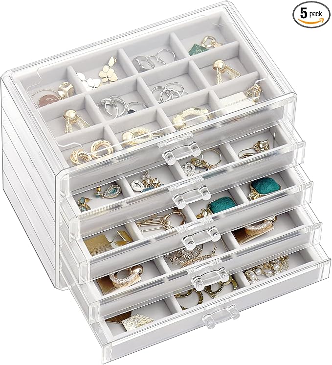 ProCase Earring Holder Organizer Jewelry Box with 5 Drawers, Acrylic Clear Earring Case with Adjustable Velvet Trays for Women - Grey, 5 Layers by ProCase