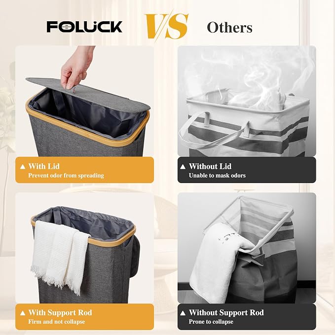 Foluck Slim Laundry Hamper, 60L Waterproof Narrow Laundry Basket with Lid and Removable Bag, Collapsible Tall Clothes Hamper with Bamboo Handles for Clothes Toys in Dorm Bedroom Bathroom, Grey - Image 5