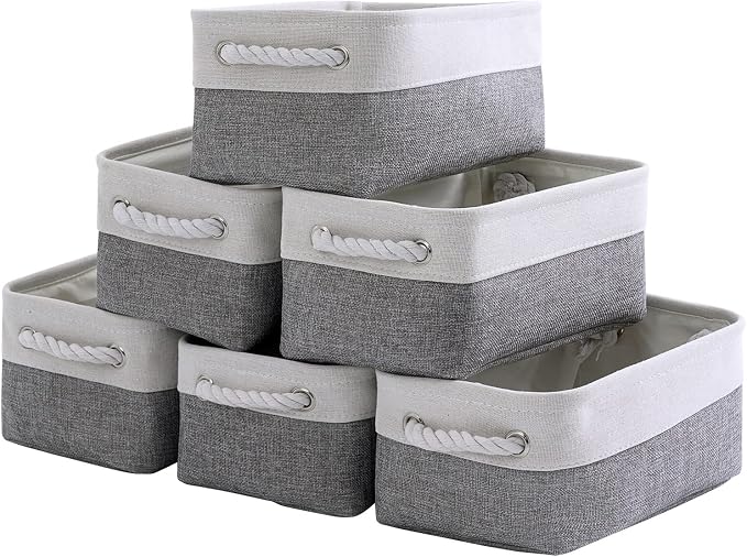 TheWarmHome Small Storage Baskets for Organizing,Storage Baskets for Shelves,Small Fabric Storage Bins W/Handles For Closet Nursery Toy Decorative Foldable (White&Grey, 11.8L*7.9W*5.2H-6 Pack) by TheWarmHome