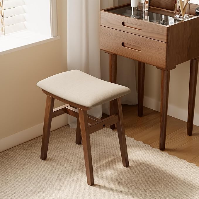 Muwuele Solid Wood Vanity Stool, Compact Makeup Chair with Saddle Cushion, Linen-Covered High Rebound Sponge Seat, Easy Assembly Footstool for Bedroom, Entryway, Home, Walnut