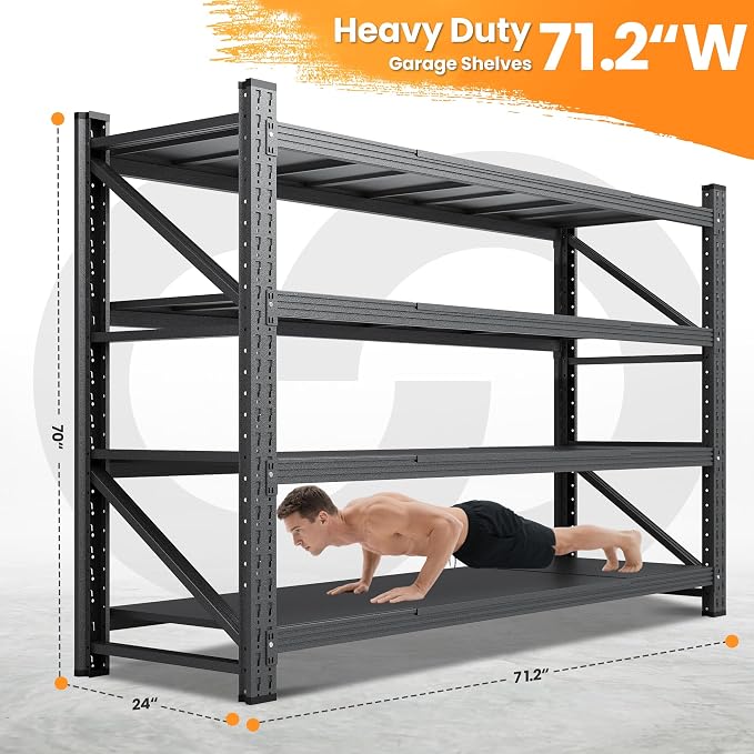 71”W Garage Shelving Units, 5000LBS Storage Shelves Heavy Duty, 24" Deep Metal Shelving Rack, 4 Tier Large Tall Industrial Shelving , Adjustable Standing Shelf for Warehouse / Shop 71"W x 24"D x 70"H - Image 2