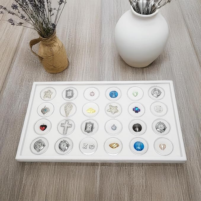 Ikee Design 24 Gem Showcase Stackable Jewelry Display Tray for Collectibles, Rock Storage Box Gemstones Bead Storage Jars, White Foam, White Tray, 14 7/8W x 8 3/8D x 1H in - Image 7