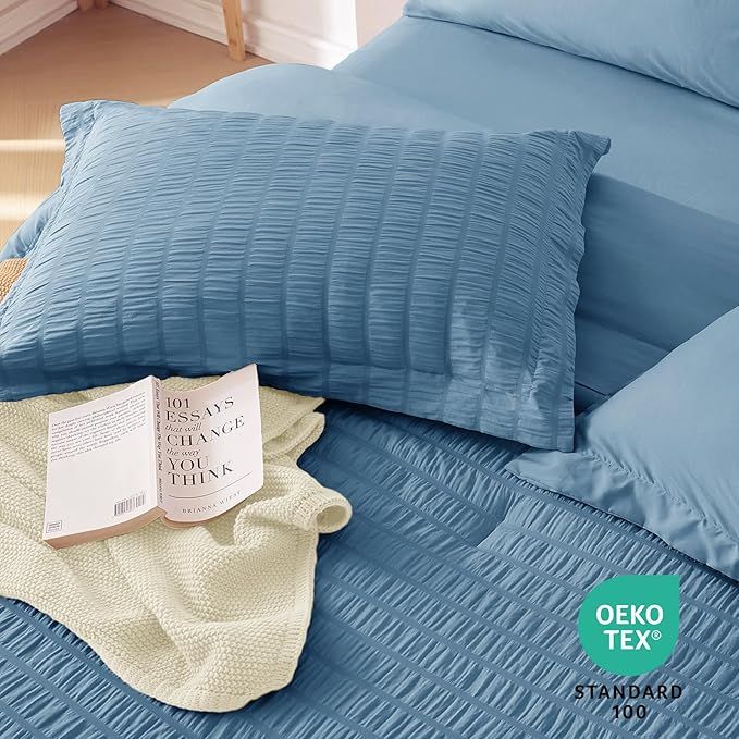 MUXHOMO 5 Pieces Twin Comforter Set, Seersucker Bed in a Bag Twin Size, All Season Luxury Bedding Set with Comforter, Flat Sheet, Fitted Sheet, Pillowcase & Sham, Mineral Blue