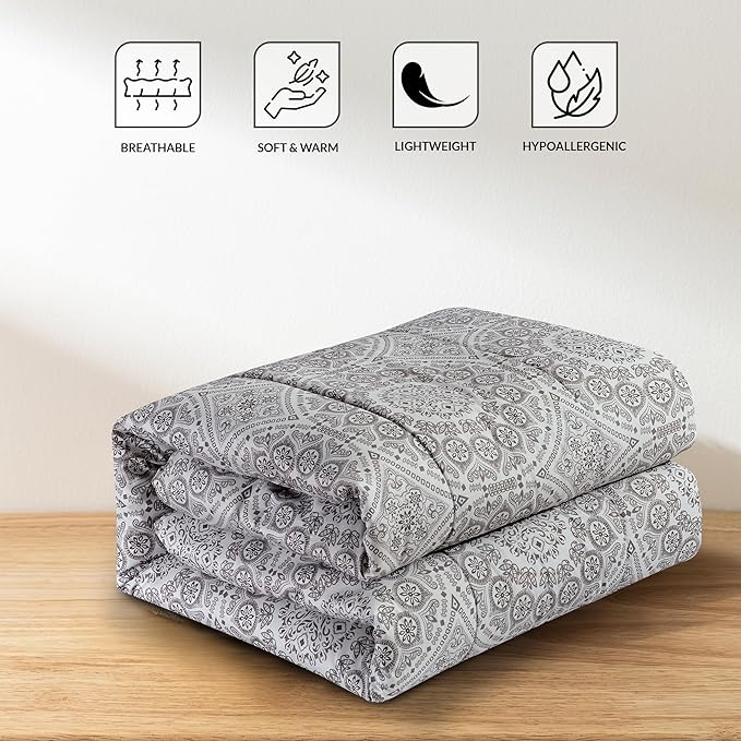 LUX Décor Reversible 5pc King Comforter Set, Printed Bedding Set, All-in-One Bed in a Bag, Includes 1 Comforter, 2 Pillow Shams, 1 Decorative Pillow & 1 Bed Skirt (Aztec Grey,King)