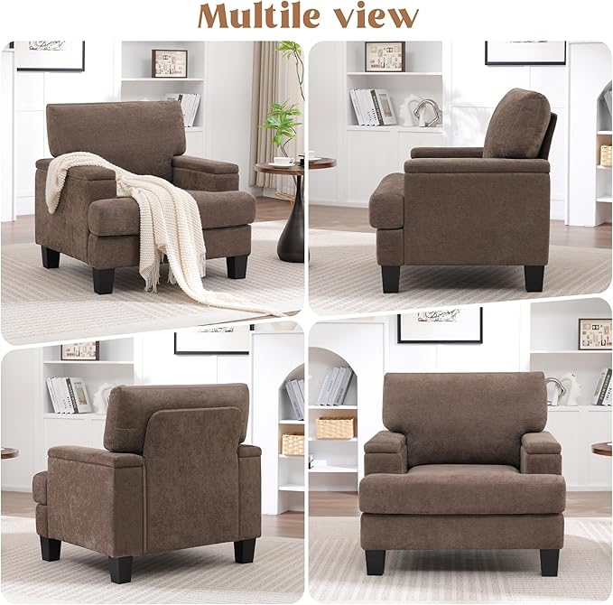 Oversized Accent Chair Set of 2 with Storage Armrest, Modern Upholstered Reading Living Room Chairs, Comfy Large Armchair, Fabric Single Sofa Chair for Bedroom (Dark Brown)