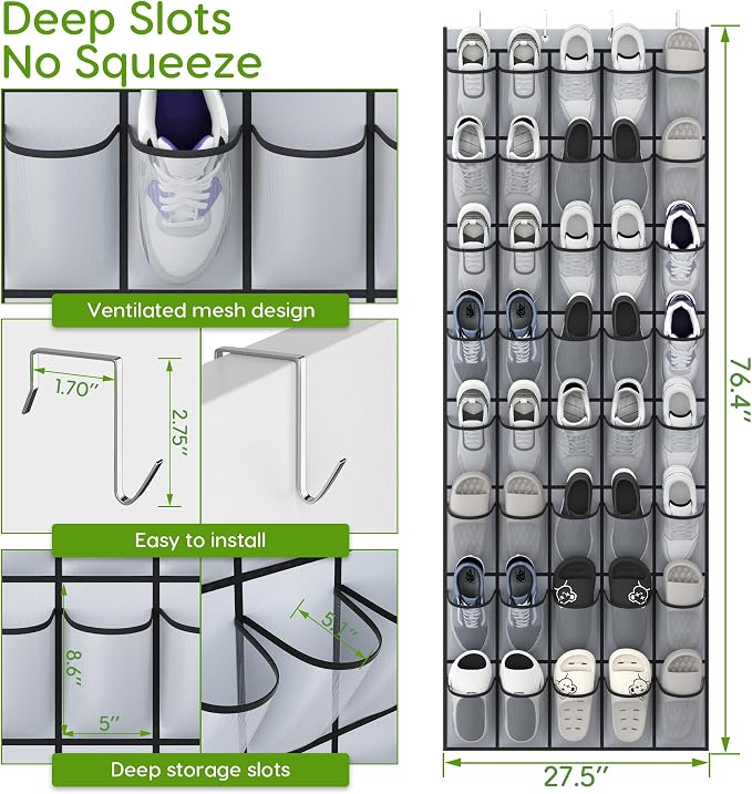 Unjumbly Over the Door Shoe Organizer with 40 Large Breathable Mesh Pockets, Space Saving Shoe Holder, Hanging Shoe Rack for Entryway Bedroom Closet Storage (Grey, 80 Pockets) - Image 2