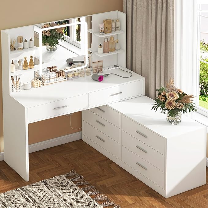 FIONESO Vanity Desk with LED Light Mirror & Power Outlet, 8 Drawers, 6 Storage Shelves, 3 Color Modes & Adjustable Brightness Makeup Vanity, Corner Vanity, L Shape Vanity, 39.4”-64.9" Desk, White