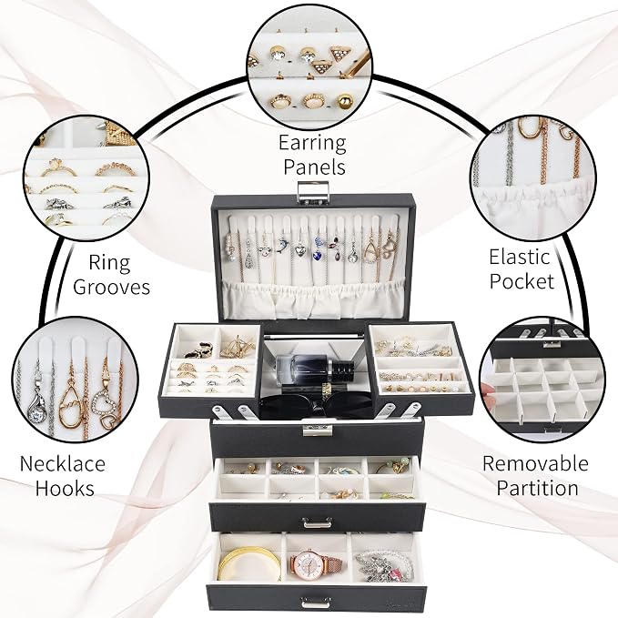 Dajasan Jewelry Organizer Box, Large Jewelry Boxes for Women Girls, Space-Saving 4 Layers Jewelry Storage Case with Drawer, Movable Metal Stand, Modern, Gift Idea (Black + Silver) - Image 4