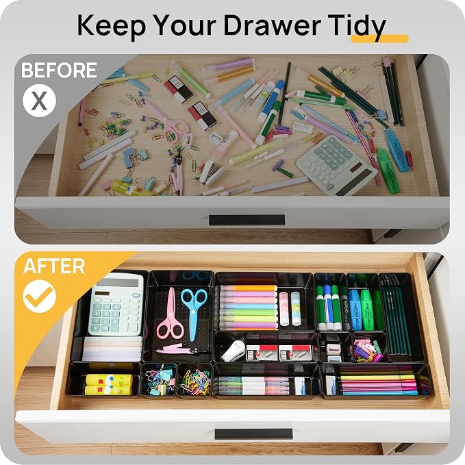 Vtopmart 25 PCS Office Desk Drawer Organizers Set, 4-Size Versatile Plastic Drawer Organizer Trays, Storage Bins for Desk Accessories Office Organizers and Storage, Bathroom, Makeup, Vanity, Black - Image 2