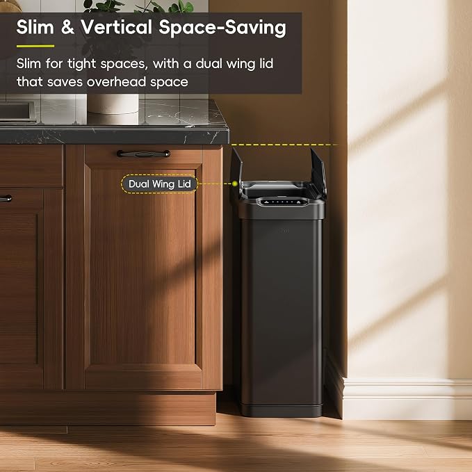 EKO Phantom-T 13.2 Gallon/ 50L Automatic Sensor Kitchen Trash Can, Slim Stainless Steel Touchless Garbage Bin with Soft-Close Dual Wing Lid for Home & Office, Matte Black - Image 3