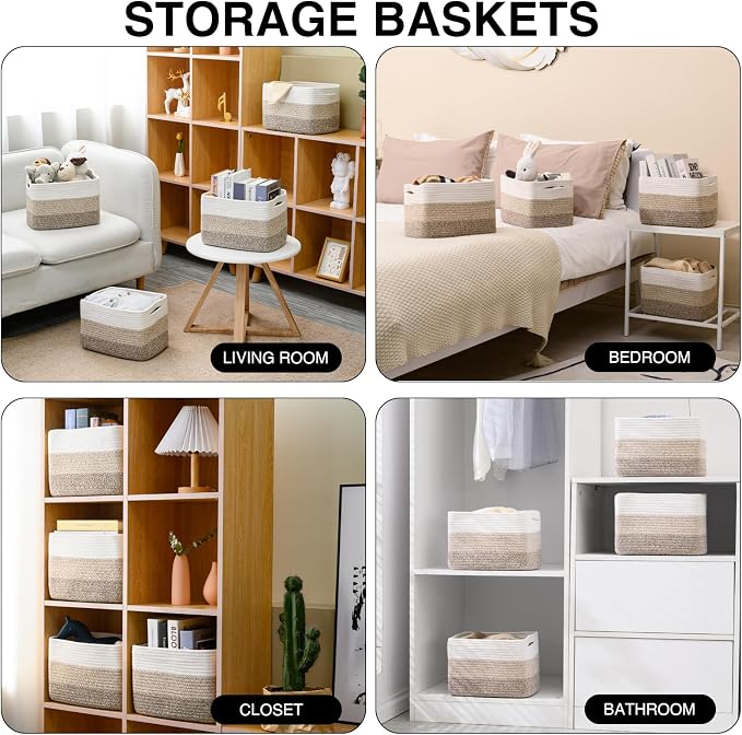 ICERZCZ Shelf Baskets for Organizing, Storage Baskets for Shelves, Woven Baskets for Storage, Cotton Rope Baskets with Handles for Toy, Book, Clothes, 12.5"Lx9.1W"x7.9H", (4 Packs) Gradient Brown - Image 4