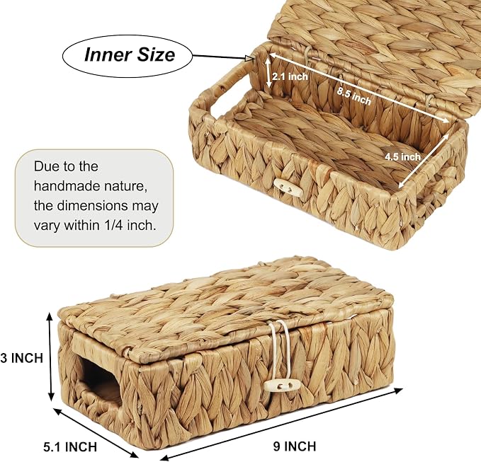 Small Basket with Lid, Wicker Storage Basket for Organizing, Rectangular Woven Basket for Storage, Water Hyacinth Decorative Boxes Bins with Lids (9" x 5.1" x 3") - Image 4