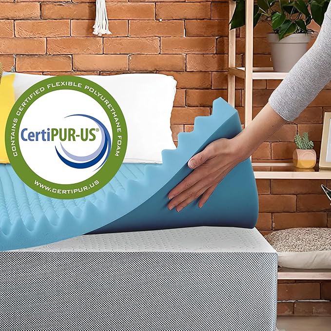 Greaton, 1-Inch Premium Convoluted Gel Memory Foam Toppers for Enhanced Comfort and Support, Queen, Blue