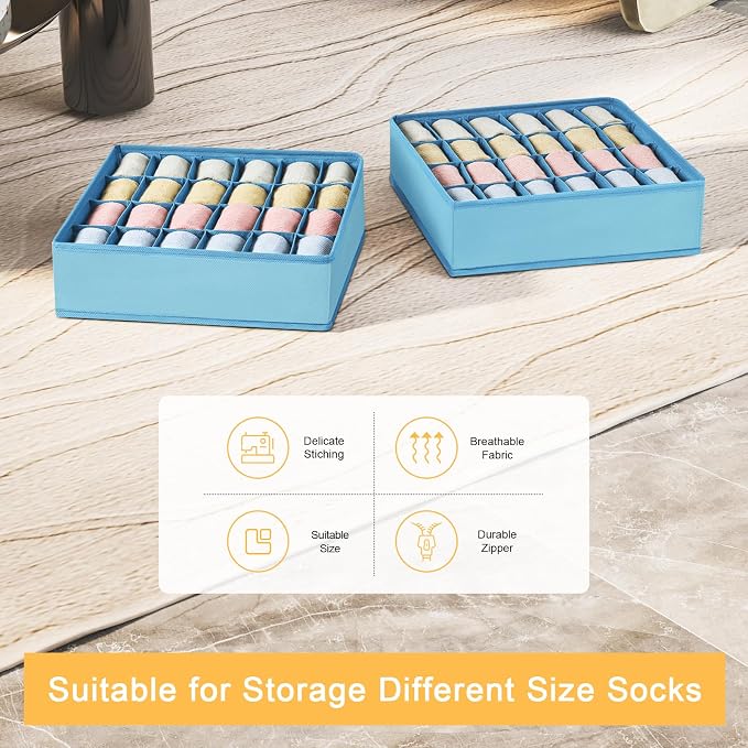 Joyoldelf Sock Organizer Drawer Organizer - 2 Packs Underwear Organizer, 24 Cells Collapsible Closet Organizers and Storage Sock Holders Organizers for Storing Socks, Ties, Belts(Blue) - Image 3