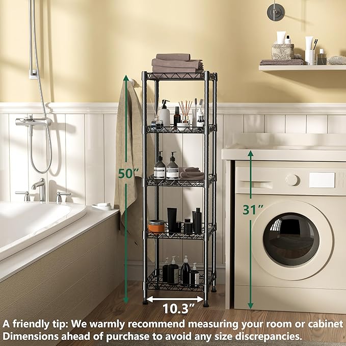 GIOTORENT 5 Tier Standing Shelving Metal Units, Adjustable Height Wire Shelf Display Rack for Laundry Bathroom Kitchen 11.8 W x 11.8 D x 50 H (5-Tier, Black) - Image 5