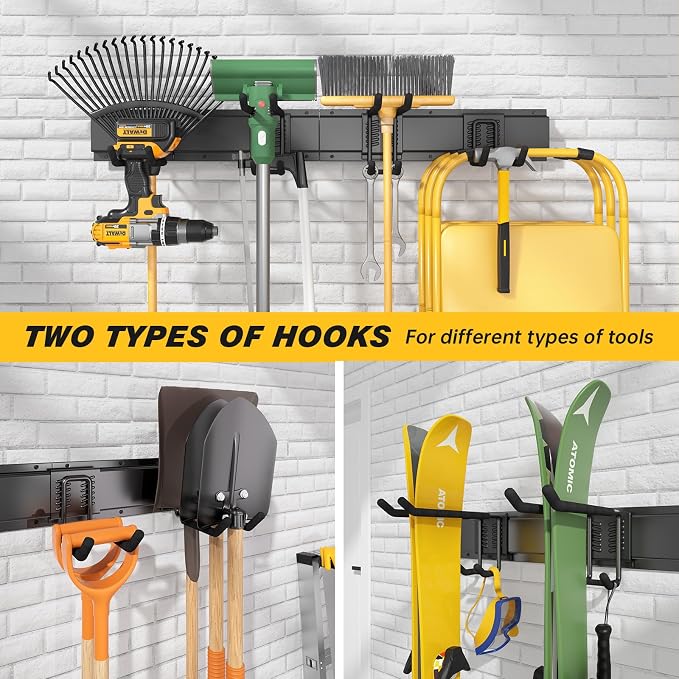 UUP 32 Inches Garage Storage, Garage Organization, Wall Mount Garden Tool Organizer, Max 300lbs Adjustable Metal Hooks, Yard Shed Hanging Rack, Heavy Duty Shelving for Rake Broom Mop Snowboard - Image 6