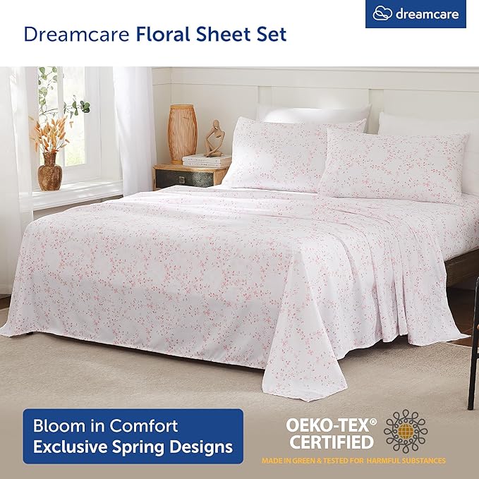 DREAMCARE Twin Sheets - 3 pcs Breathable Cooling Bed Sheets - up to 15" Deep Pocket Twin Bed Sheets with Side Pockets - Extra Soft 100% Brushed Hypoallergenic Hotel Luxury Bedding - Floral Blossom