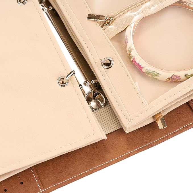 PU Leather Jewelry Binder Storage Case - Jewelry Boxes Travel Binder Organizer Book Ring Binders with Zipper Velvet Pouch Bags for Bracelet Earring Rings Necklaces - Brown - Image 6