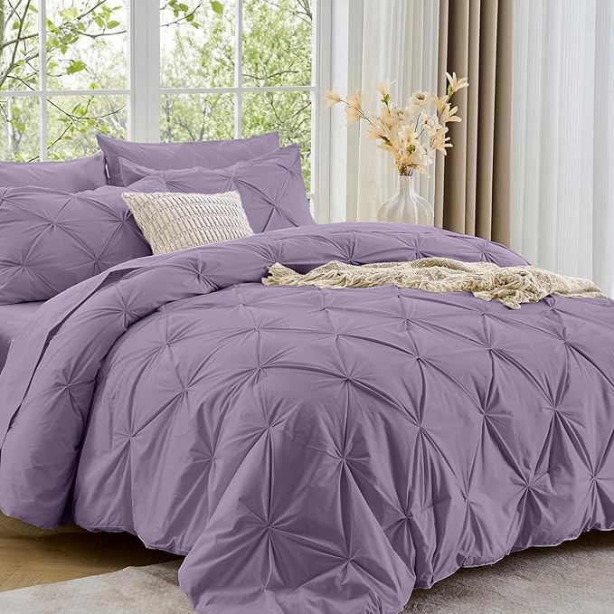 Sasttie Twin Comforter Set, 5-Piece Bed in a Bag, Pintuck Bedding Sets for All Season, Includes Comforter, Flat Sheet, Fitted Sheet, Pillowcase and Pillowsham, New Purple
