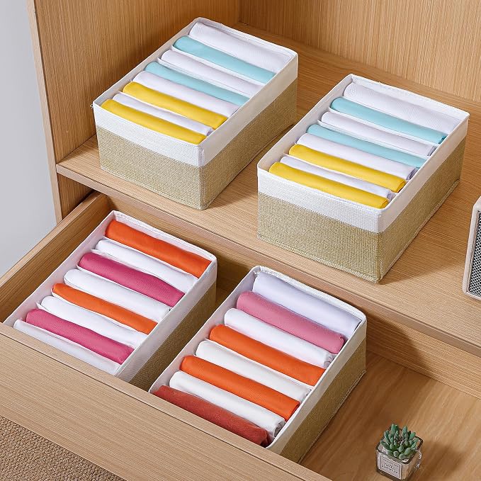 4 Packs T-shirt Drawer Organizers for Clothing,8 Grids Compartment Wardrobe Storage Box, Washable Clothes Organizer for Folded Clothes, Legging, Silk Scarve-12.59''x9.05''x5.9-BeigeWhite - Image 5