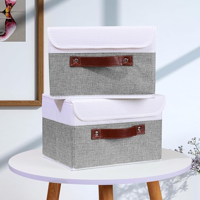 ANMINY 4PCS Storage Boxes with Lid Washable Decorative Storage Bins Basket with PU Leather Handle Foldable Linen Fabric Storage Cubes Containers for Home Closet Organizer - Gray White, Small Size - Image 6