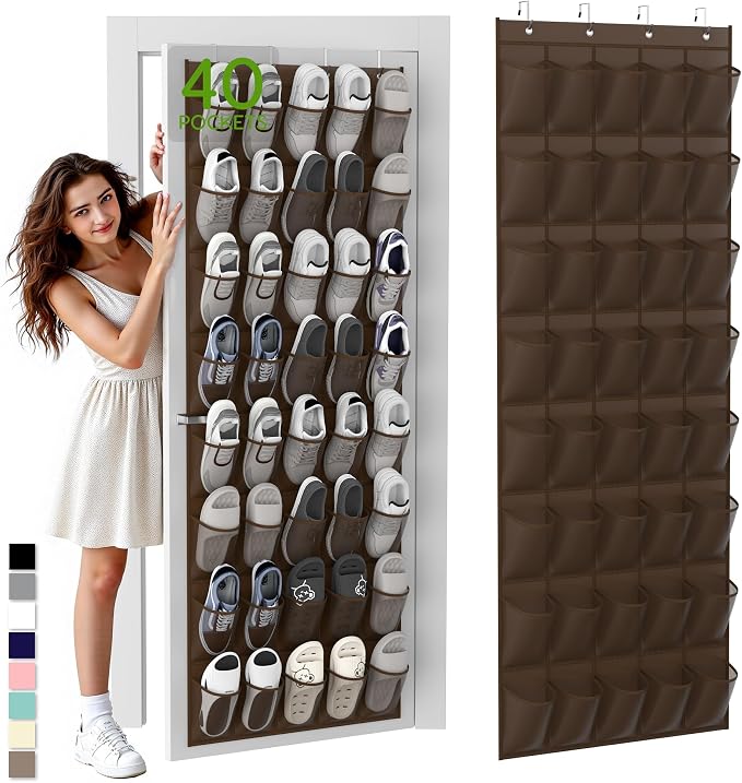 Unjumbly Over the Door Shoe Organizer with 40 Large Breathable Mesh Pockets, Space Saving Shoe Holder, Hanging Shoe Rack for Entryway Bedroom Closet Storage (Brown, 40 Pockets) by Unjumbly
