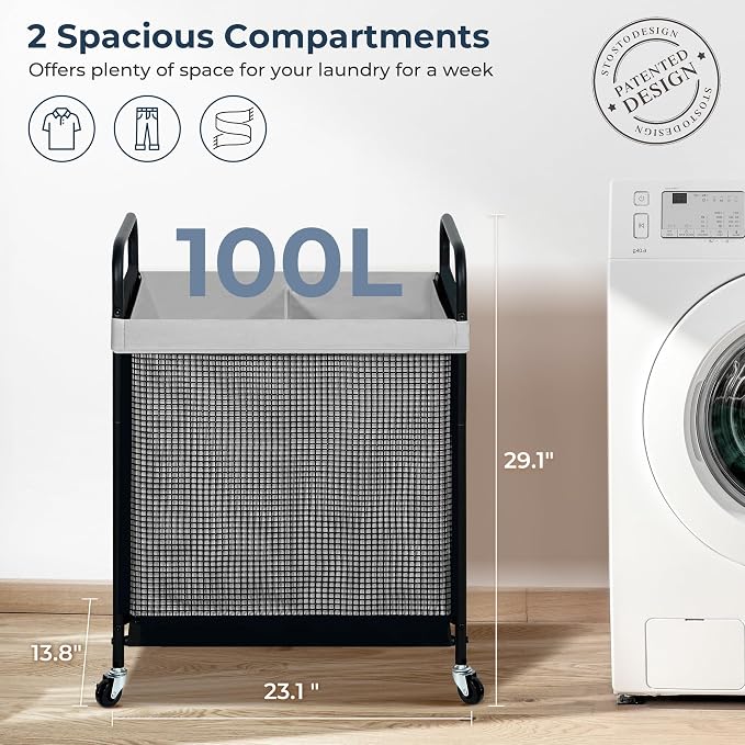 STO STO Laundry Hamper 2 Section, 100L Rolling Laundry Sorter Cart with Removable and Washable Liner Bag, Clothes Hamper with Wheels and Metal Handle for Laundry Room and Bedroom, Gray - Image 6