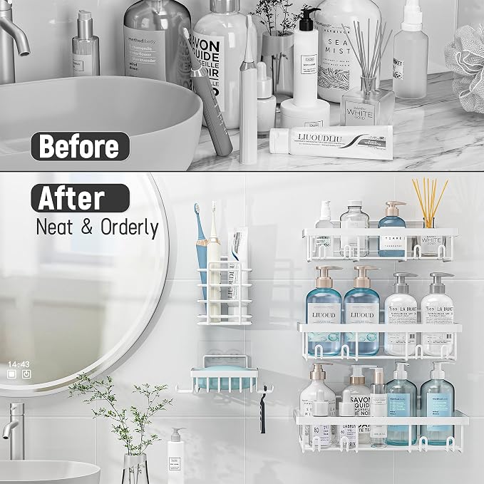 Liuoud 10 Pack Shower Caddy Organizer Rack Shelf for Inside Shower, Self Adhesive Wall Storage Basket Rustproof Stainless Steel Shampoo Holder Bathroom Accessory Decor Set, White - Image 7