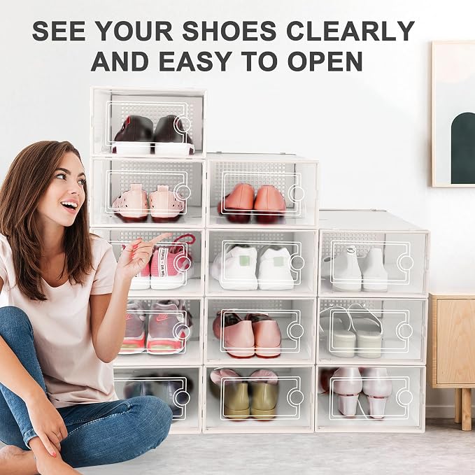 Kuject Large Shoe Organizers Storage Boxes for Closet, 12 Pack Clear Plastic Stackable Storage Bins with Lids, Under Bed Shoe Containers for Entryway, Fit up to Women's Size 10,Black,Off-white - Image 6