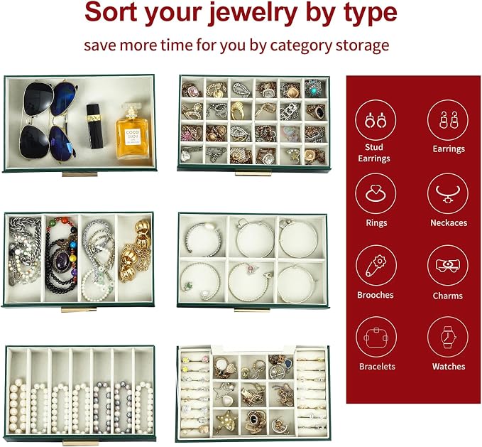 BOOVO Jewelry Boxes for Women, White and Black 6 Layer Large Jewelry Box for Necklace, Bracelet, Earrings, Rings Storage, Jewelry holder Organizer for Girls Gift (Green and Gold, 6 layer) - Image 3