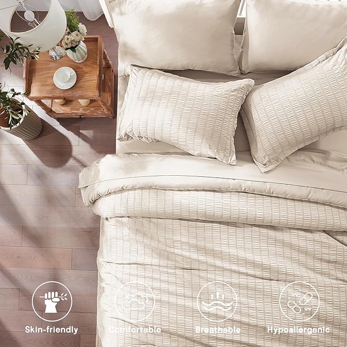 Zzlpp Beige King Comforter Set 7 Pieces, Seersucker Bed in a Bag with Sheets, All Season Bedding Sets with 1 Comforter, 2 Pillow Shams, 2 Pillowcases, 1 Flat Sheet, 1 Fitted Sheet