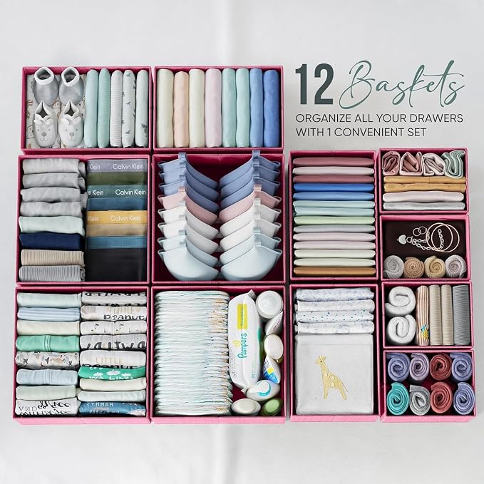 Drawer Organizer Clothes Set of 12 Pink - Dresser Organizer For Nursery, Bedroom, Closet - Perfect Baby Clothes Organizer and Storage & General Nursery Organization or Dresser Drawer Organizers - Image 3