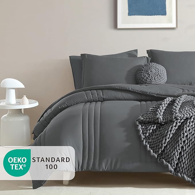Monbix Super King Plus Size Comforter Set - 7 Pieces Bright Gray Bed in a Bag Super King Plus Bedding Sets with Comforters, All Seasons Comforter Bed Set with Sheets,Pillowcases & Shams