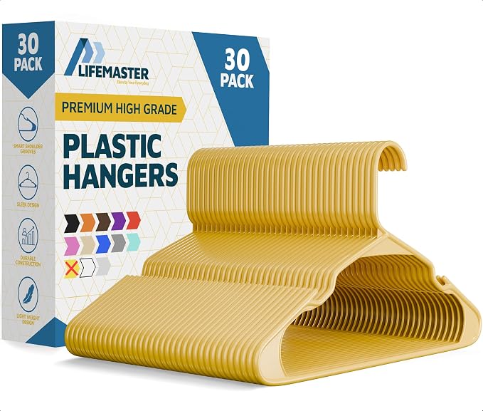 Lifemaster Plastic Clothes Hangers – Heavy Duty Hanger Set, for Organizing Clothes, Dresses, and Coat, Holds Up to 5 lbs, Space-Saving Hangers with Non-Slip Shoulder Grooves, Pack of 30, Yellow by LIFEMASTER