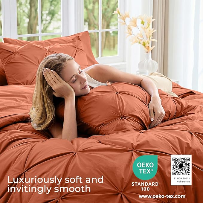 Sasttie Queen Comforter Set, 7-Piece Bed in a Bag, Pintuck Bedding Sets for All Season, Includes Comforter, Flat Sheet, Fitted Sheet, Pillowcases and Pillowshams, Burnt Orange