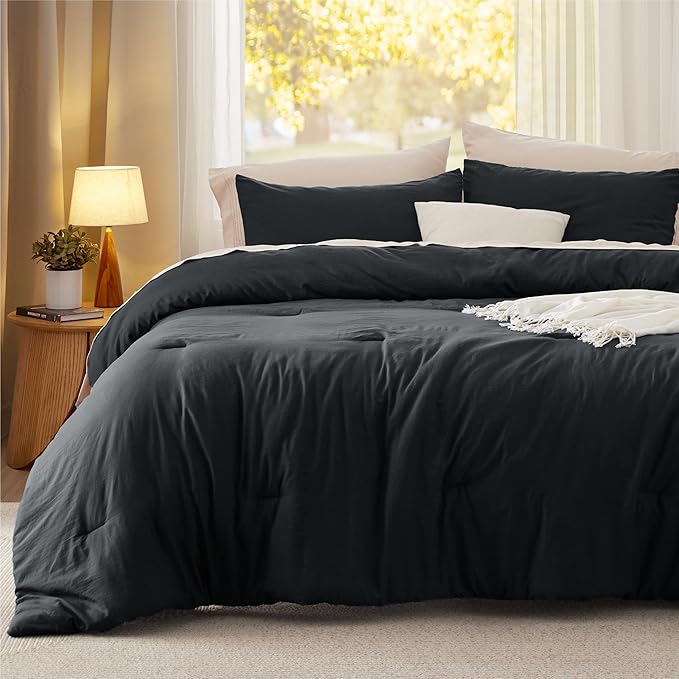 Bedsure California King Comforter Set, Black Soft Prewashed Bedding for All Seasons, 3 Pieces GentleSoft™ Bed Set, 1 Lightweight Comforter (104"x96") and 2 Pillowcases (20"x36")