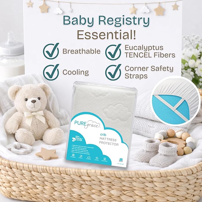 PUREgrace Crib Mattress Protector – Eucalyptus Tencel Fiber Waterproof Breathable Baby Mattress Pad Cover with Corner Safety Straps, Ultra Soft Cooling Durable Sleep Surface for Crib & Toddler Bed