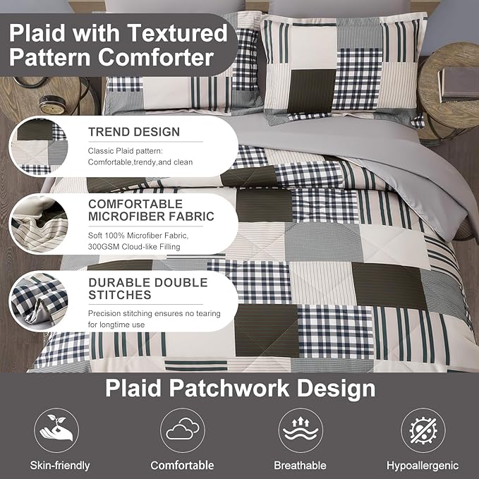 Comforter Set King Size Plaid Patchwork Comforter Bedding-7 Piece Bed in a Bag,Soft Fluffy Reversible Microfiber Bedding Set(1 Comforter,1 Flat Sheet,1 Fitted Sheet,2 Pillowcases,2 Pillow Shams)