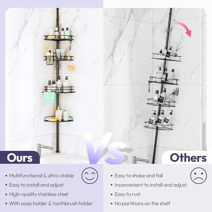 SWTYMIKI Shower Caddy Tension Pole - 4-Tier Corner Shower Organizer Tension Rod, Toothbrush Holder & 4 Hooks, Adjustable Stainless Steel Bathroom Organizer 27.6 to 108.3 inch, Black with Towel Bar - Image 3