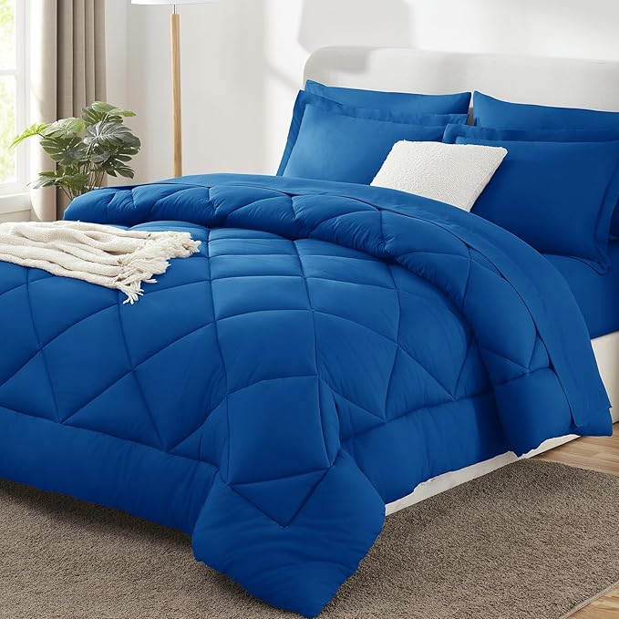 CozyLux Queen Comforter Set Classic Blue - Bed in a Bag Queen Size 7 Pieces, Luxury Soft Bed Set for All Seasons, Bedding Set with Down Alternative Comforter, Sheets, Pillowcases & Shams