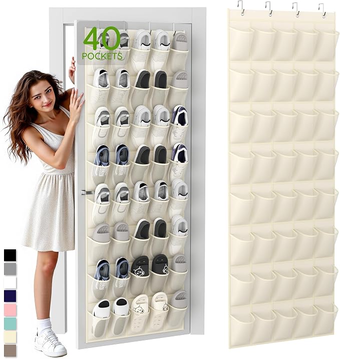 Unjumbly Over the Door Shoe Organizer with 40 Large Breathable Mesh Pockets, Space Saving Shoe Holder, Hanging Shoe Rack for Entryway Bedroom Closet Storage (Beige, 40 Pockets) by Unjumbly