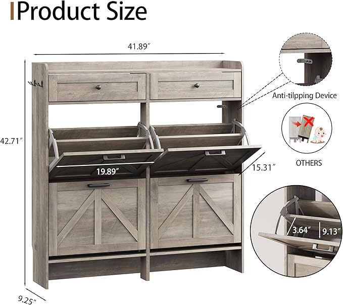 Shoe Cabinet with 4 Flip Drawers & 2 Top Drawers, 43" Tall Freestanding Narrow Wooden Shoe Storage Organizer for Entryway, Hidden Slim Shoe Rack for Front Door Entrance, Hallway, Living Room, Grey - Image 2