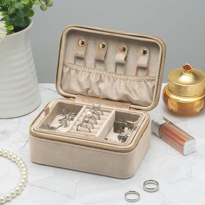 Velvet Travel Jewelry Organizer Box with Zipper Around Portable Accessory Display Tray Holder Storage Case for Multiple Earrings Rings Necklaces Bracelets (Beige) - Image 7