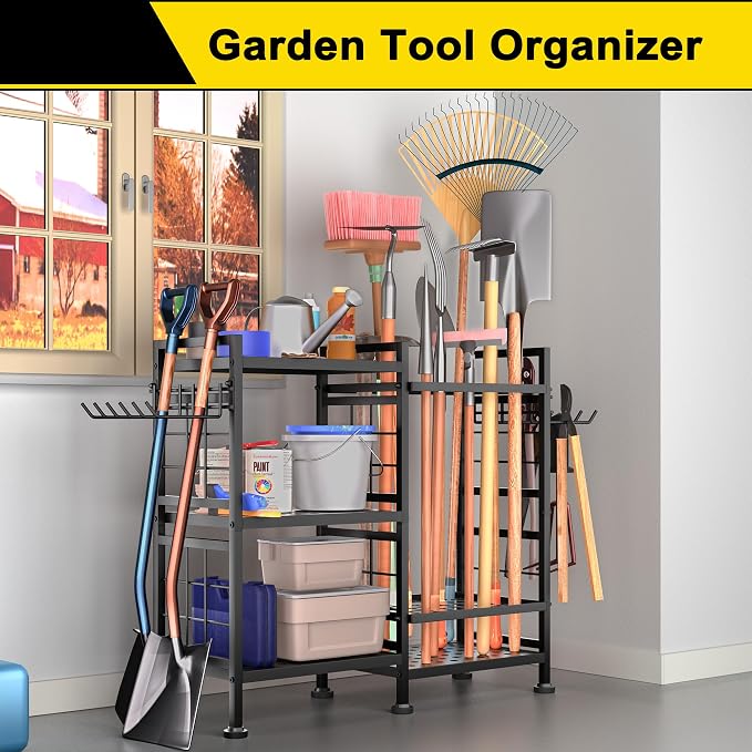 GIOTORENT 6 Tier Garden Tool Organizer, Garage Storage and Organization, Metal Yard Tools Storage Rack, Heavy Duty Garden Tool Organizer for Garage, Yard, Patio, Shed, Indoors and Outdoors, Black - Image 2