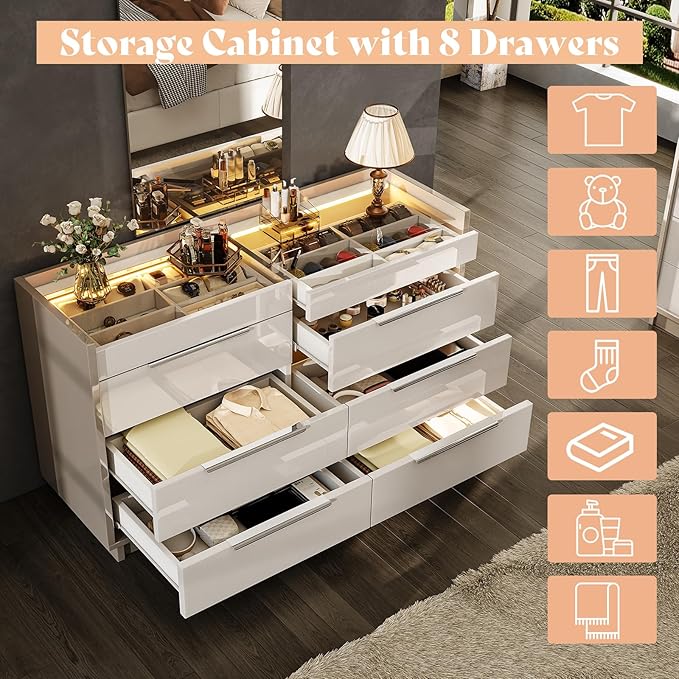 AMERLIFE High Gloss Dresser Set, 3 Piece Bedroom Furniture Set, 8 Drawer Dresser with LED Light & 2 Nightstands with Charging Station, Modern UV Finish, Bedroom Storage Organizer, Cream & Grey